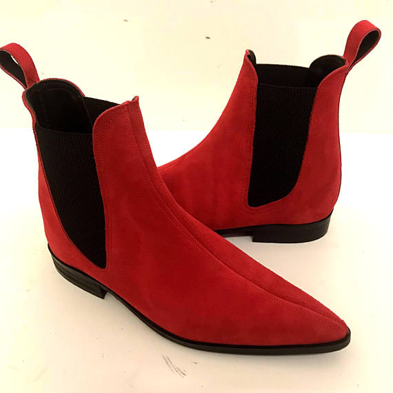 Red Color Suede Chelsea Boots, Mens 