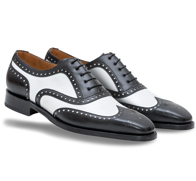 black and white wingtip tuxedo shoes