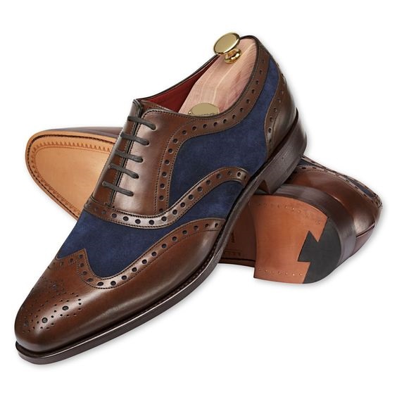 MEN NEW HANDMADE REAL LEATHER SHOES NAVY WHITE CALF WINGTIP BROGUE DRESS SHOES