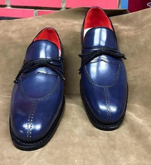 Versatile Blue Loafer Slips On Real Leather Split Toe Men Handmade ...