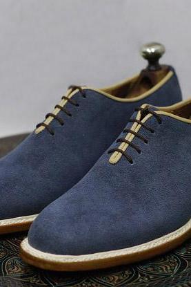 Men's Handmade Genuine Premium Leather Blue Color Suede Leather Lace Up Formal & Dress Shoes