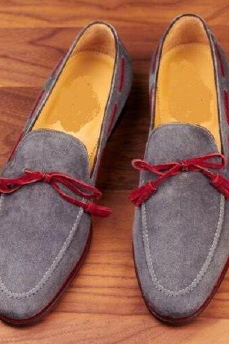 Men's New Handmade Grey Suede Moccasin Slipper Tussle Leather Dress Formal Office Shoes
