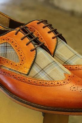 Men's Handmade Shoes Tan Brown Leather With Check Print cloth Lace Up Wing Tip Style Dress & Formal Boots