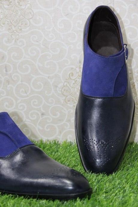 New Mens Handmade Formal Shoes Blue Suede & Blue Leather Single Monk Casual & Dress Wear Boots