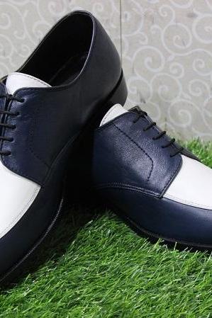 Mens New Handmade Shoes Blue & White Leather Lace up Formal Dress & Casual Wear Boots