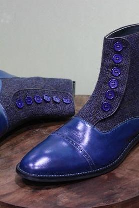 Men's New Handmade Blue Leather & Tweed Ankle High Stylish Button Dress & Formal Wear Boots