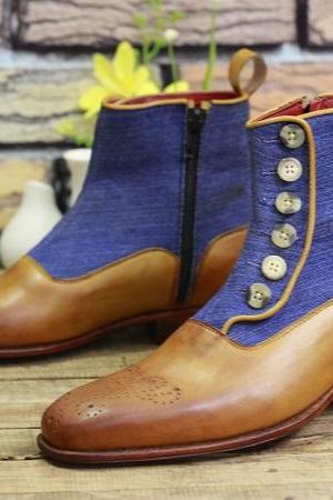 New Handmade Leather Shoes Tan Brown Leather & Blue Denim High Ankle Stylish Men's Button Boots Dress & Formal Boots