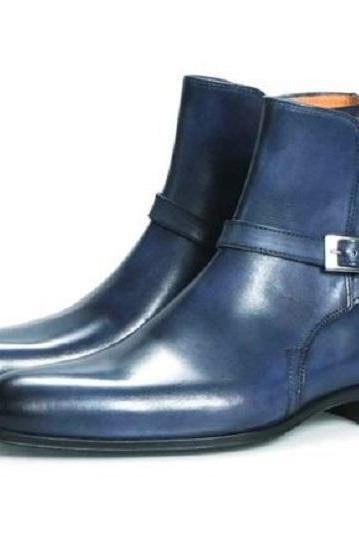Men's New Handmade Blue Leather Stylish Jodhpurs Boots, Men's High Ankle Dress & Formal Boots