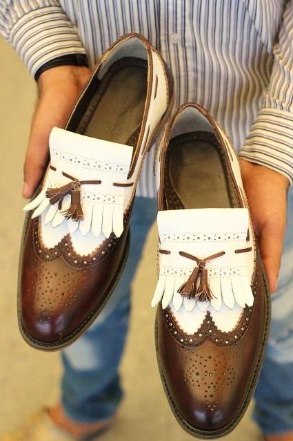 New Men's Handmade Brown & White Leather Stylish Bespoke Slip On Teasel Loafers Moccasin Shoes