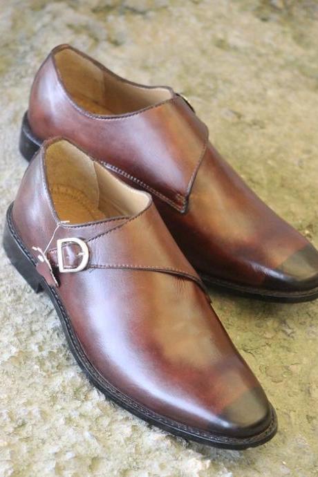 New Handmade Men's Brown Leather Single Monk Strap Stylish Dress & Casual Wear Shoes