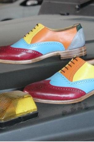 New Men's Custom Made Multi Color Leather Lace Up Wing Tip Style Handmade Dress & Casual Wear Boots