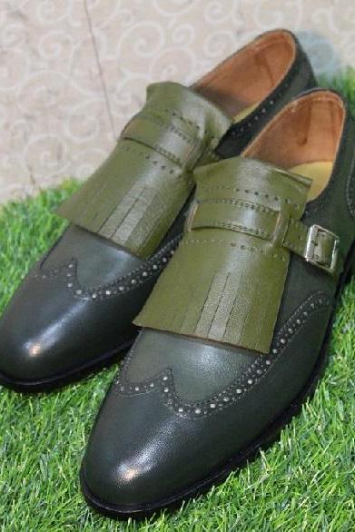 New Men's Handmade Shoes Bespoke Two Tone Green Leather Single Buckle Dress & Casual Wear Boot