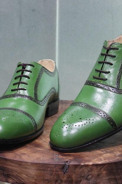 New Mens Handmade Shoes Brogue Green Leather Toe Cap Oxford Brogue Wingtip Dress & Casual Wear Boots