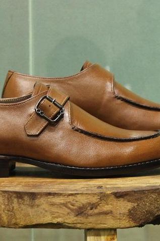 New Mens Handmade Formal Shoes Brown Leather Single Buckle Dress & Casual Wear Boots
