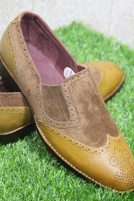 New Mens Handmade Formal Shoes Brown Leather & Tan Suede Wing Tip Style Slip On Loafer Boots