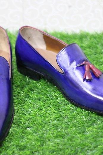 New Mens Handmade Shoes Blue Leather Tassels Moccasins Loafer Formal Dress Casual Boots