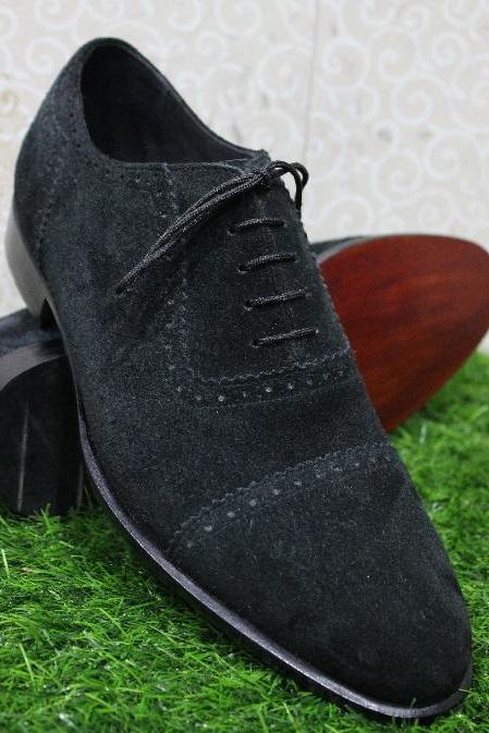 Mens New Handmade Shoes Formal Bluish Suede Cap Toe Lace Up Shoes