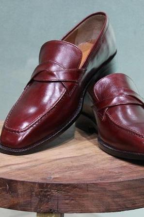 New Mens Formal Shoes Handmade Burgundy Leather Loafers & Slip On Moccasin Boot