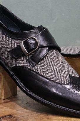 Mens New Handmade Formal Shoes Two Tone Gray Tweed Black Leather Monk Dress &Casual Wear Boots