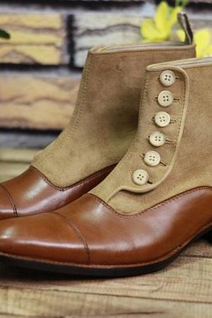 New Handmade Men's Brown Leather & Suede Ankle High Stylish Button Boots