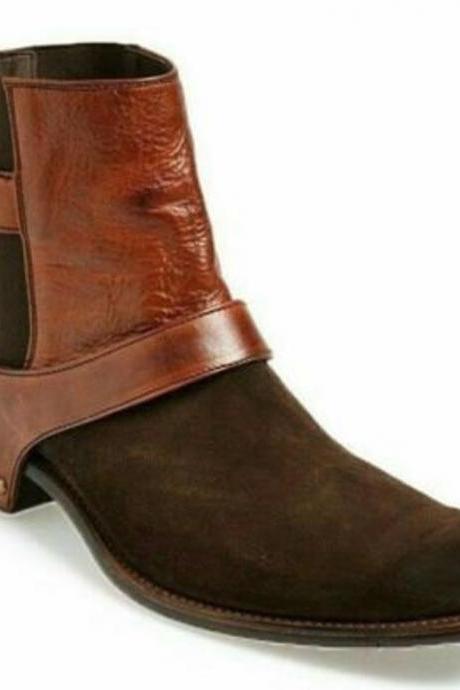 New Handmade Pure Chelsea Brown Suede & Tan Leather Ankle High Stylish Strap Boots for Men's