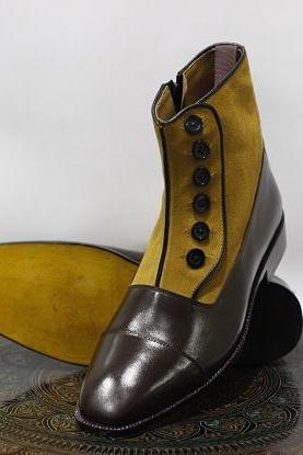 Men's New Handmade Leather Shoes Brown Leather & Tan Suede Ankle High Stylish Button Boots