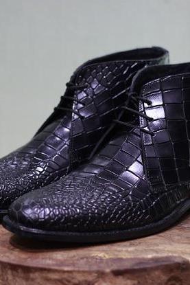 New Men's Handmade Leather Black Crocodile Textured Leather Lace Up Dress & Formal Wear Shoes