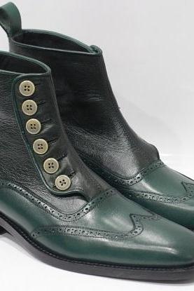 Men's New Handmade Leather Shoes Ankle High Green Leather Stylish Button Boots