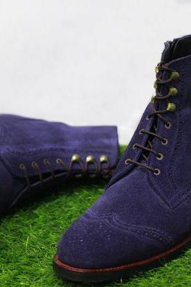 New Men's Handmade Leather Boots Blue Suede Leather High Ankle Lace Up Stylish Dress & Formal Wear Boots
