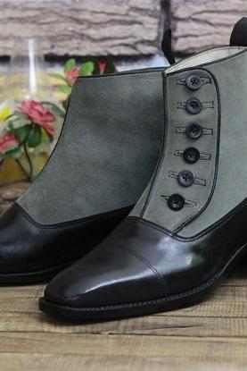 New Men's Handmade Leather Shoes Black & Grey Leather & Suede Ankle High Cap Toe Stylish Button Boot's