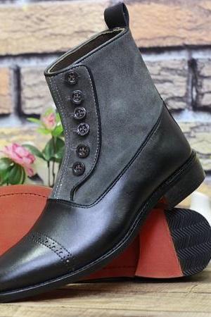 Men's New Handmade Leather Shoes Black Leather & Grey Suede High Ankle Stylish Button Boots Dress & Formal Boots