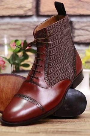 Men's New Handmade Formal Shoes Burgundy Leather & Tweed High Ankle Stylish Lace Up Boots