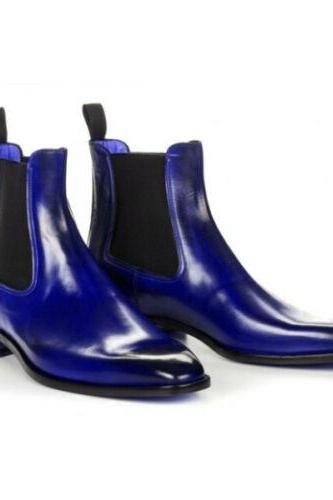 Men's New Handmade High Ankle Blue Chelsea Jumper Slip On Genuine Leather Handmade Boots