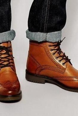 New Handmade Men's Tan Leather Brogue High Ankle Wing Tip Style Lace up Casual Fashion Boots