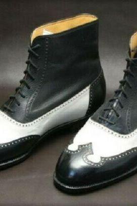 Men's New Handmade Shoes Pure Black & White Leather Lace up Style High Ankle Boots for Men's
