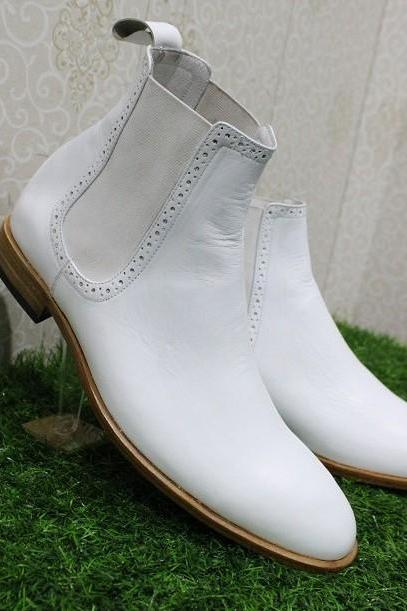 Men's Handmade Stylish Shoes White Leather Ankle High Chelsea Occasion Wear Boots