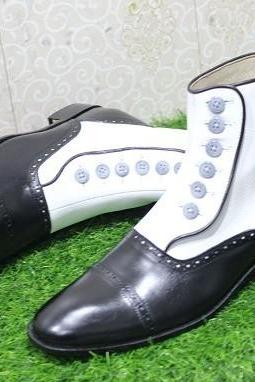 New Men's Handmade Formal Shoes Black & White Leather Ankle High Button Boots