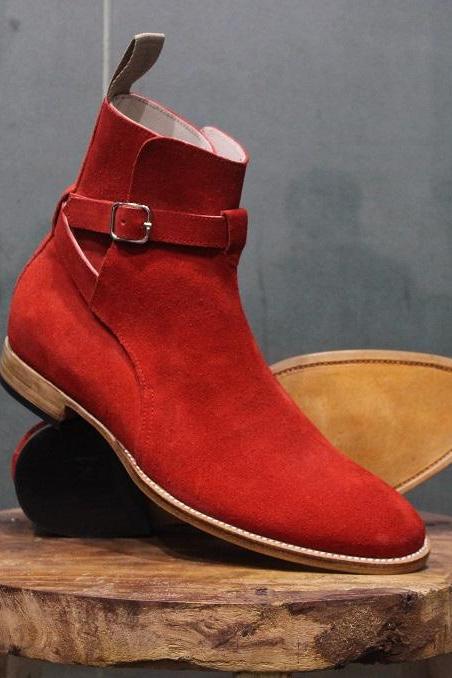 New Mens Handmade Formal Shoes Red Suede Leather Single Monk High Ankle Boots