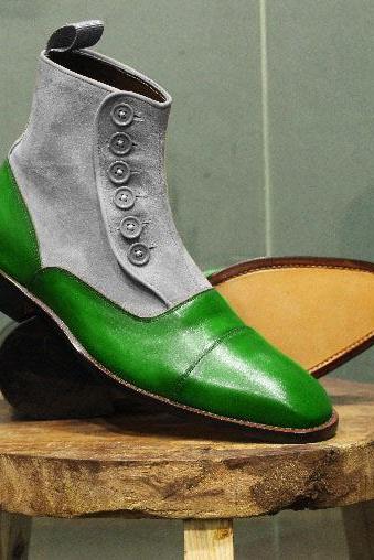 New Mens Handmade Stylish Formal Shoes, Grey Suede & Green Leather Casual Wear Ankle High Button Boots