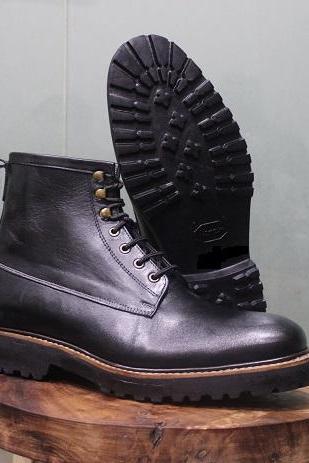 New Mens Handmade Stylish Casual Wear Black Leather Lace up High Ankle Rubber sole Boot