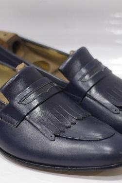 New Handmade Men's Blue Leather Slip On Bespoke Loafer Dress & Formal Wear Shoes