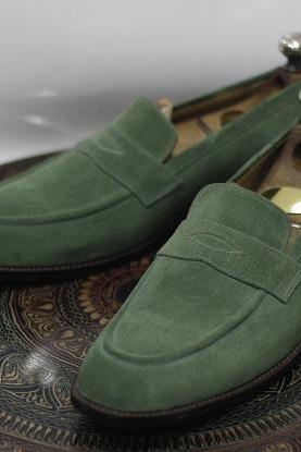 Men's Handmade Leather Shoes Green Suede Leather Slip On Loafer Dress & Casual Wear Shoes