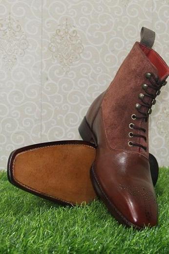 New Mens Handmade Stylish Formal Boot, Brown Suede & Burgundy Leather Casual Wear Ankle High Lace Up Boots