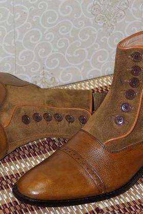 New Mens Handmade Stylish Formal Boot, Brown Suede & Tan Brown Leather Casual Wear Ankle High Button Boots