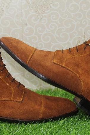 New Mens Handmade formal Brown Suede Leather Ankle High Lace up Boots