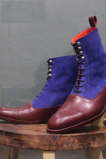 New Mens Handmade Stylish Formal Boot, Blue Suede & Burgundy Leather Casual Wear Ankle High Lace Up Boots