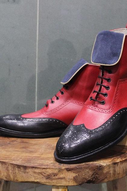 New Mens Handmade Stylish Formal Boot, Red & Black Leather Casual Wear Wing Tip Style Ankle High Lace Up Boots