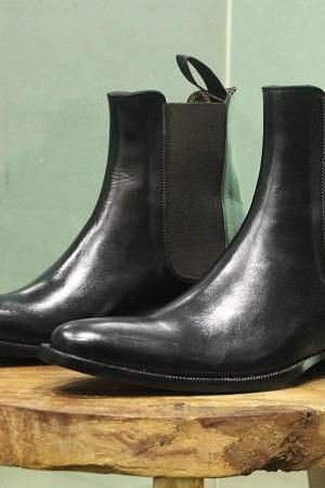 Mens New Handmade Shoes Black Leather Ankle High Long Chelsea Boots