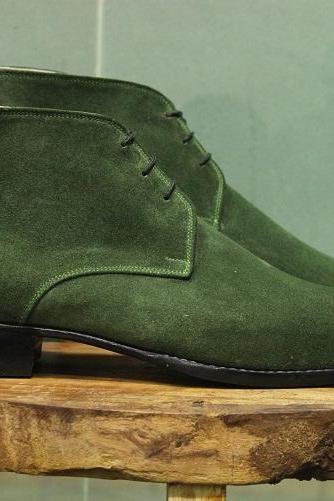 New Handmade Mens Formal Shoes Green Suede High Ankle Lace Up Style Chukka Boots