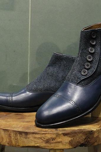 New Mens Handmade Formal Boot, Black grey Tweed & Navy Blue Leather Casual Wear Ankle High Button Boots